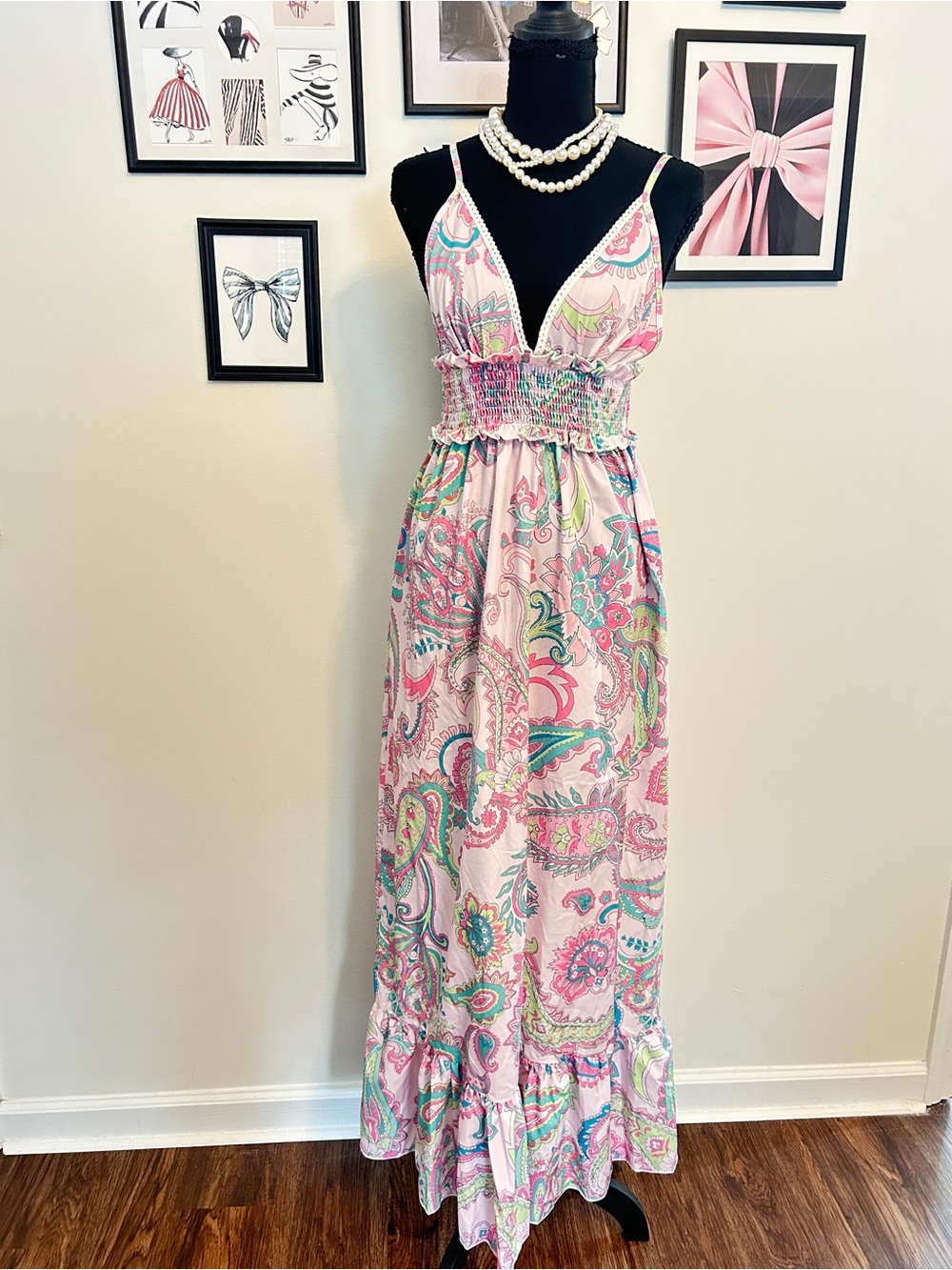 SHEIN Pink Paisley Smocked Maxi Dress